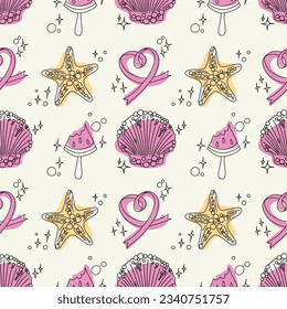 doodle pattern. vector pattern from summer and nautical elements. pink and yellow spots, black outline. starfish, shells, ribbons and watermelon on a light background.
