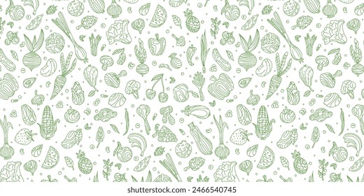 Doodle pattern of vegetables and fruits on a white background, vector graphics of healthy food. Fruits and vegetables in doodle style, sketch. Illustration for food design. Vegan products