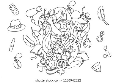 Doodle Pattern With Women's Health Items And Lifestyle Objects. Cartoon Female Accessories For Coloring. Easy To Change Colors, Vector Art.