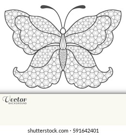 Doodle patterned butterfly. Stylized hand drawn animal insect for coloring book page, tattoo, t-shirt, poster, invitation card, textile or paper print. Zen doodle Art. Isolated element, ethnic totem