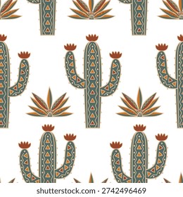 Doodle patterned cactus and blue agaves seamless background. Cacti with ornament vector illustration