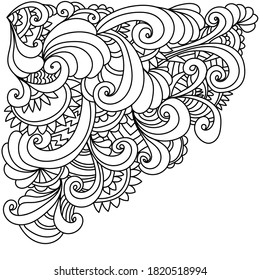 Doodle patterns with curls and flower petals, decorative corner antistress coloring page, zen inspired vector outline illustration for design and creativity