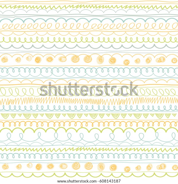 Doodle patterns. Decoration hand drawn design\
elements. Ribbons, borders, dividers set. Brush lines collection.\
Vector seamless\
pattern.