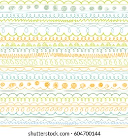 Doodle patterns. Decorative design elements. Ribbons, borders, dividers set. Hand drawn brush strokes, lines collection. Vector seamless pattern.
