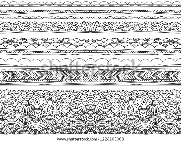 Doodle\
patterns, ornaments. Decorative design elements. Ribbons, borders,\
dividers. Hand drawn brush strokes,\
lines.