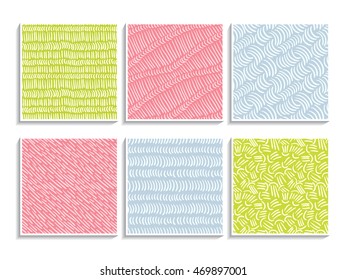 Doodle patterns set. Abstract sketch textures. Simple ornaments collection. Pencil effect drawing backgrounds. Vector seamless swatches for web design, fabric, paper and printed products.