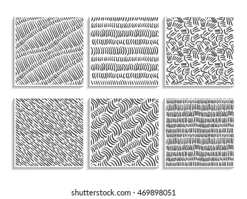 Doodle patterns set. Abstract sketch textures. Simple ornaments collection. Pencil effect drawing backgrounds. Vector seamless swatches for web design, fabric, paper and printed products.