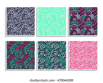 Doodle patterns set. Abstract sketch ethnic textures. Simple tribal ornaments collection. Aztec style backgrounds. Vector seamless swatches for web design, fabric, paper and printed products.