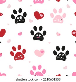 Doodle paw prints with cat face. Happy Valentine's day greeting card. Seamless fabric design pattern and background