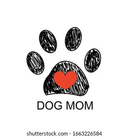 Doodle paw prints with red heart and dog mom text. Happy Mother's day greeting card