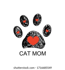 Doodle paw prints with red heart and cat mom text. Happy Mother's day greeting card