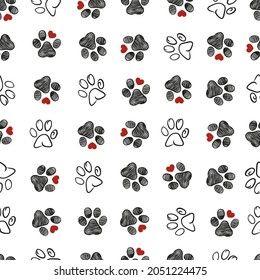 Doodle paw prints with red hearts. Cute fabric design pattern