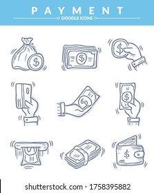 Doodle Payment Symbol Set, Einfach und trendig mit Skizze-Stil