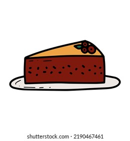 Doodle peace of cake with berry vector illustration. Sweet cake on plate icon. Hand draw tasty food. Kitchen element. Cooking concept.