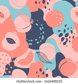  Doodle Peach And Abstract Elements. Vector Seamless Pattern. Hand Drawn Illustrations.