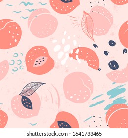  Doodle peach and abstract elements. Vector seamless pattern. Hand drawn illustrations.