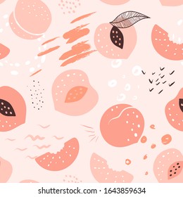  Doodle peach and abstract elements. Vector seamless pattern. Hand drawn illustrations.