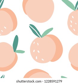 Doodle peach vector seamless pattern. Cute colorful background texture for kitchen wallpaper, textile, fabric, paper. Flat fruits background. Vegan, farm, natural food illustration