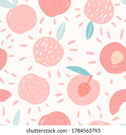  Doodle Peach. Vector Seamless Pattern. Hand Drawn Illustrations.