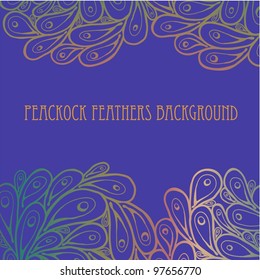 Doodle peacock feathers on deep blue-purple background.