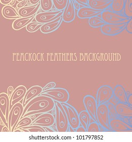 Doodle peacock feathers on pink-beige background