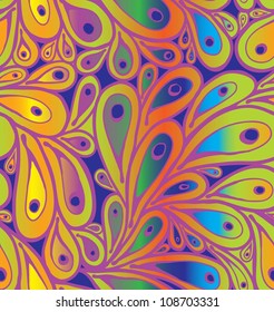 Doodle peacock feathers seamless pattern in bright acid gradient colors.