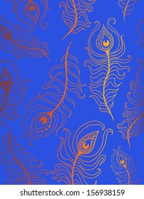 Doodle peacock feathers seamless pattern. 