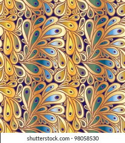 Doodle peacock feathers seamless pattern in "wild" gradient colors