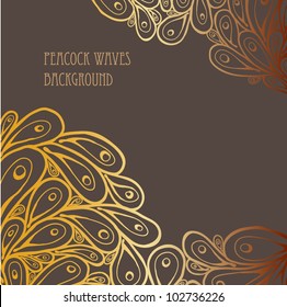 Doodle peacock golden gradient feathers on dark grey-brown background