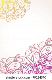 Doodle peacock gradient feathers on sheet of stripy paper background.