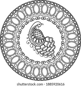 doodle peacock inside gemstones mandala. Black on transparent vector element for coloring and holiday decoration