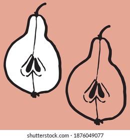doodle pear.  Hand drawn vector illustration. Sweet element for greeting cards, posters, stickers and seasonal design. Isolated on pink background