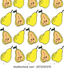 Doodle pear vector seamless pattern. Cute colorful background texture for kitchen wallpaper, textile, fabric, paper. Flat fruits background. Vegan, farm, natural food illustration