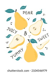 Doodle Pears Poster. Hand drawn fruits with lettering illustration for menu, market label, food package design and decoration, sticker, print, 