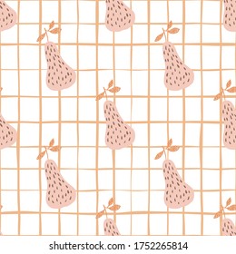 Doodle pears seamless pattern on line background. Summer juicy fruit wallpaper. Decorative backdrop for fabric design, textile print, kitchen textiles, wrapping , cover. Vector illustration. 
