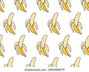 Patrón sin fisuras de plátano pelado con garabatos. Fruta tropical madura deliciosa. Ilustración de comida saludable. Patrón para embalaje, cubierta, Fondo de pantalla, impresión