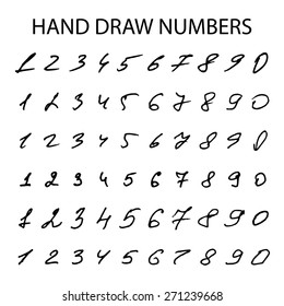Doodle pen drawing traced isolated on white background. Vector hand-drawn numbers set. School illustration.