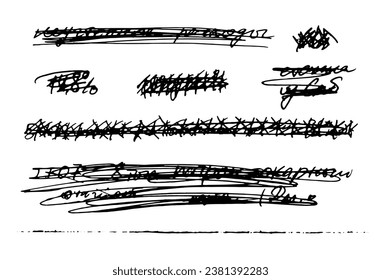 Doodle pen scribbles and lines. Grunge texture of black scrawls, crosshatch on handwriting text isolated on white background, vector hand drawn illustration