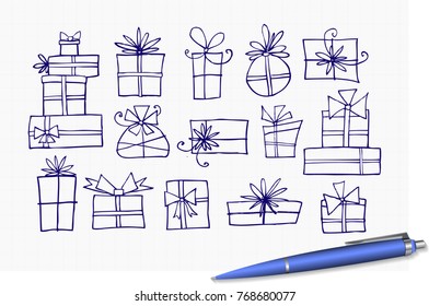 Doodle pen sketch christmas gift boxes on lined paper
