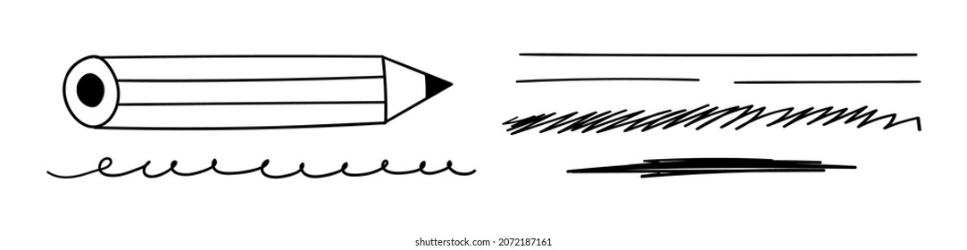 Doodle pencil object. Hand written pencil, curly or straight lines. Hand-drawn vector illustration of scribble highlight or underline isolated on white background.