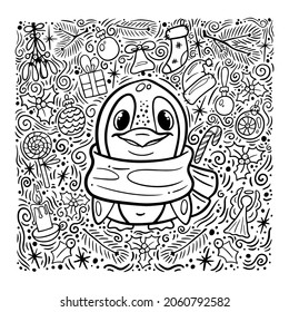 Doodle penguin with christmas attributes in vector. Idea for design of cards, background, pattern, set or childrens illustration.