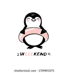 Doodle penguin with swim ring in sketch style. Hand drawn animals illustration. Vector cute character, weekend concept. Summer card.