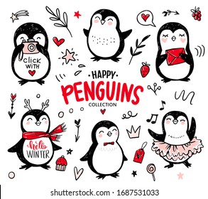 Doodle penguins, hand drawn set of funny animals. Vector Penguin character with camera, letter, in scarf, dancing in sketch style. Hipster stickers. Cute illustrations.