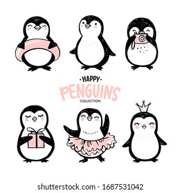 Doodle penguins, hand drawn set of funny animals. Vector Penguin character with camera, letter, gift box, dancing and swimming in sketch style. Hipster stickers. Cute illustrations.