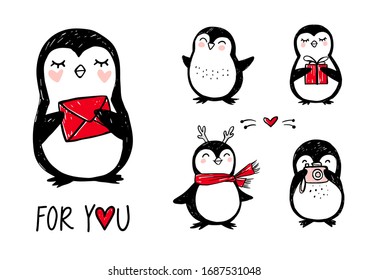 Doodle penguins, hand drawn set of funny animals. Vector Penguin character with camera, letter, gift box, scarf in sketch style. Hipster stickers. Cute illustrations.