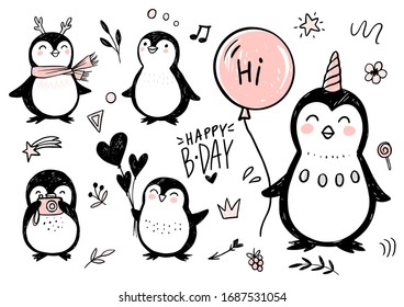 Pingüinos Doodle. Grupo de animales divertidos dibujado a mano. Carácter pingüino vectorial con globo, cámara, bufanda, unicornio en estilo boceto. Feliz cumpleaños, frase de letras. Stickers de hipster. Cuestas ilustraciones.