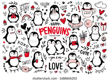 Doodle penguins, hand drawn set of funny animals. Vector Penguin character with balloon, camera, coffee, scarf, princess, unicorn in sketch style. Hipster stickers. Cute illustrations.