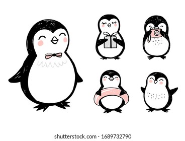 Doodle penguins, hand drawn set of funny animals. Vector Penguin character with camera, gift box, dancing and swim ring in sketch style. Hipster stickers. Cute illustrations.