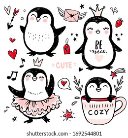 Doodle penguins, hand drawn set of funny animals. Vector Penguin character in sketch style. Hipster stickers. Cute illustrations.