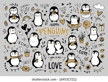 Doodle penguins, hand drawn set of funny animals. Golden glitter Vector Penguin character with balloon, camera, coffee, scarf, princess, unicorn in sketch style. Cute illustrations.